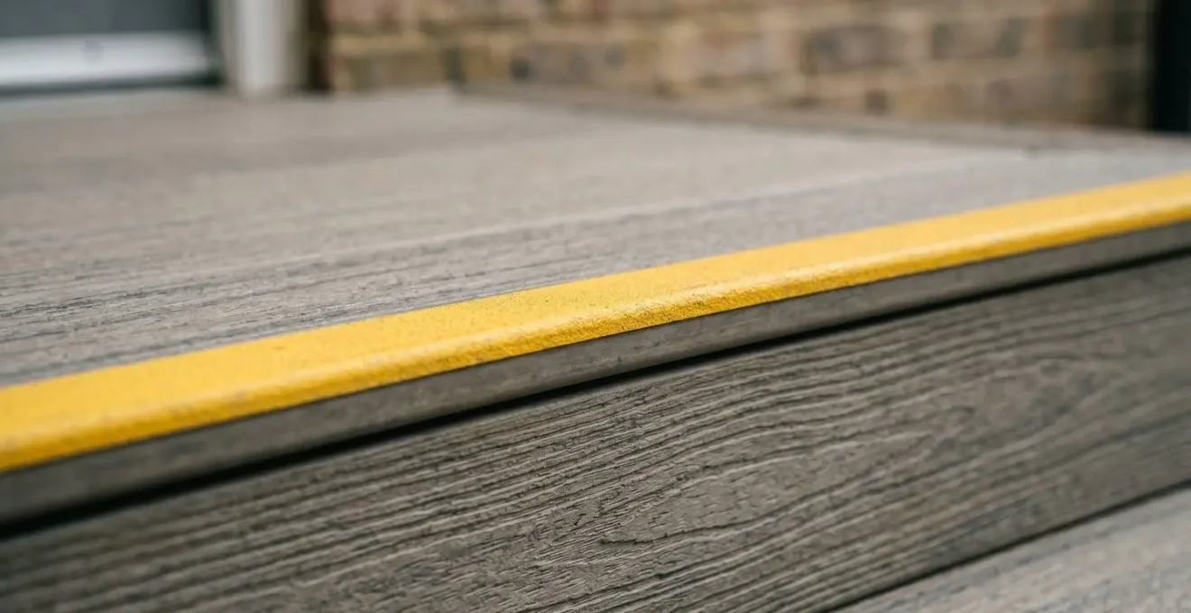 Close-up view of textured non-slip half-step platform designed for rollator users with high-contrast edge nosing