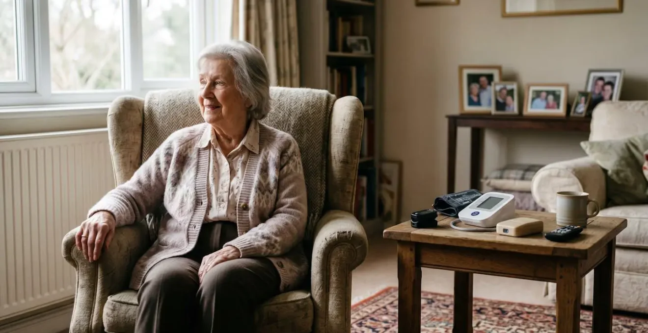 Wide view of elderly patient receiving hospital-level care at home with medical monitoring equipment