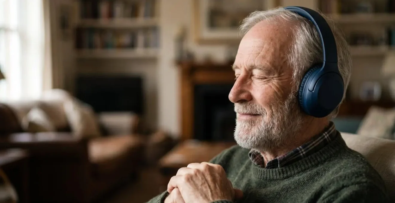Senior using wireless headphones while engaged with audiobook content, eyes closed in concentration