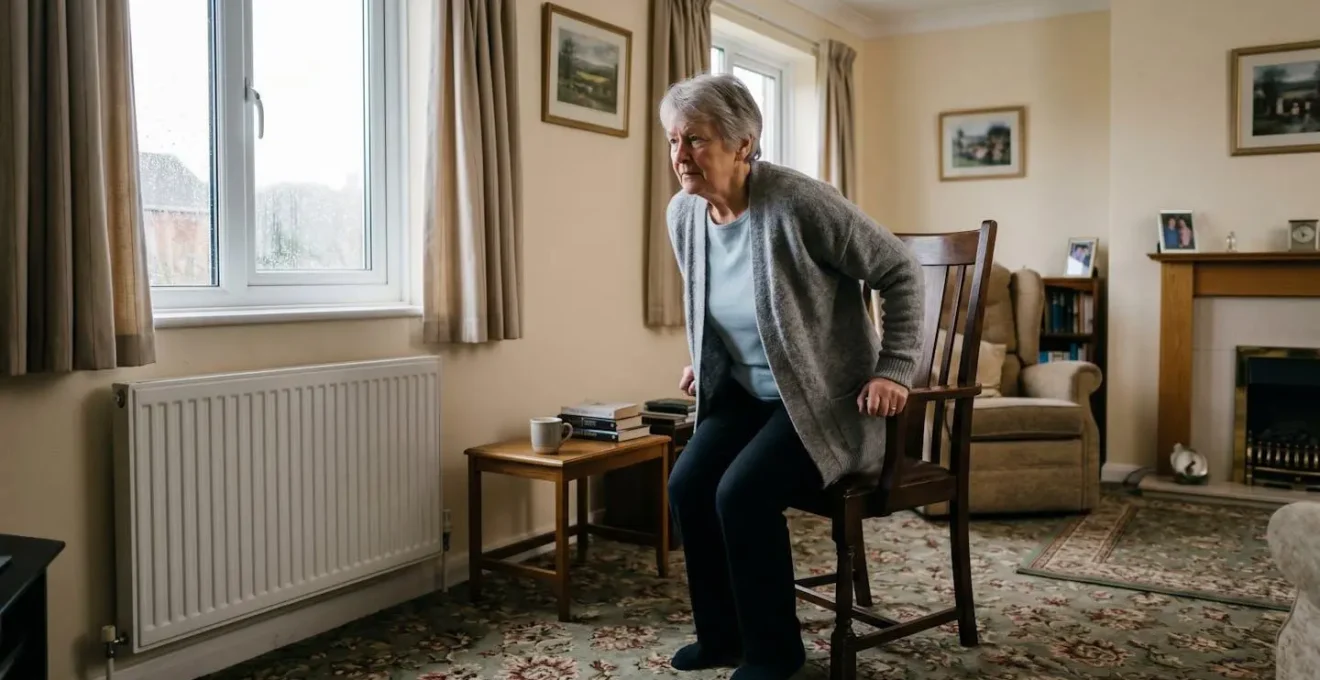Senior person performing safe strength exercises at home during winter