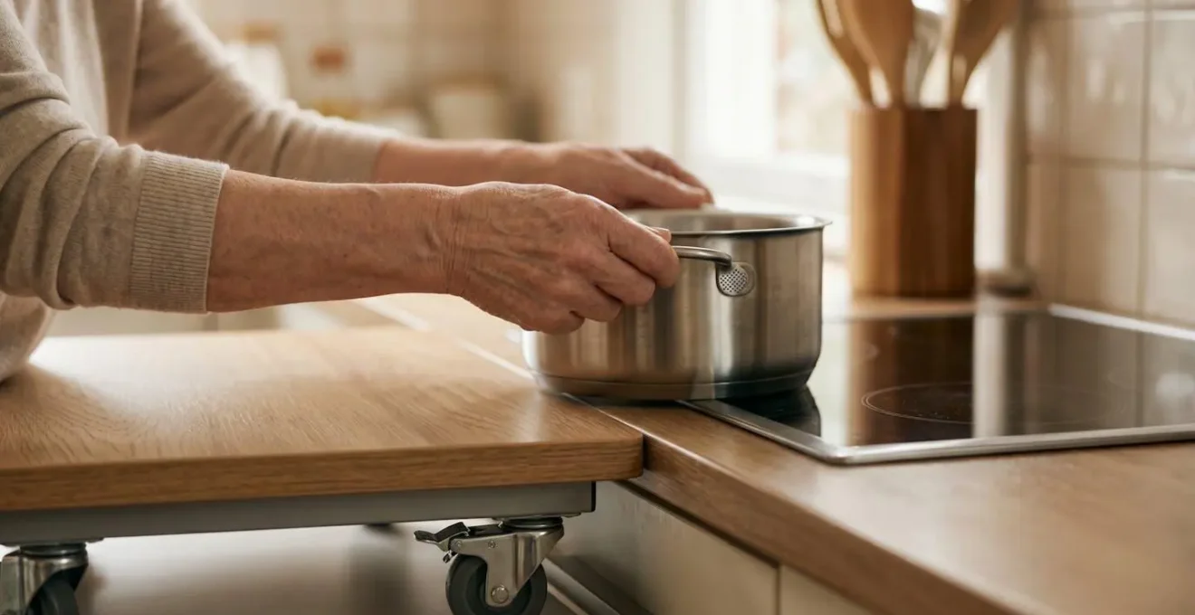 Heat-resistant kitchen trolley positioned level with cooktop surface enabling safe sliding transfer of cookware