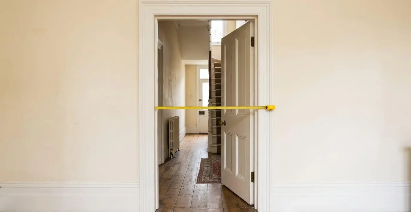 Environmental wide shot of a Victorian terrace doorway with measuring tape positioned to show clearance calculation