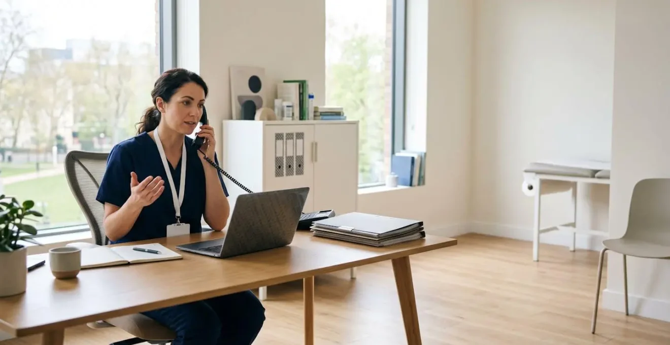 Healthcare professional on phone coordinating patient referral with urgent medical documentation