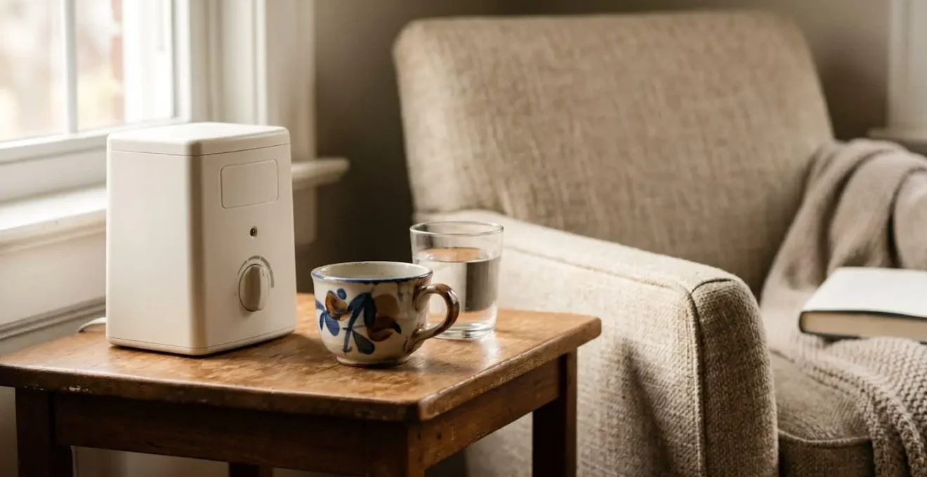 Cozy medication station setup with pill dispenser, favorite teacup, and morning light creating a calming routine space