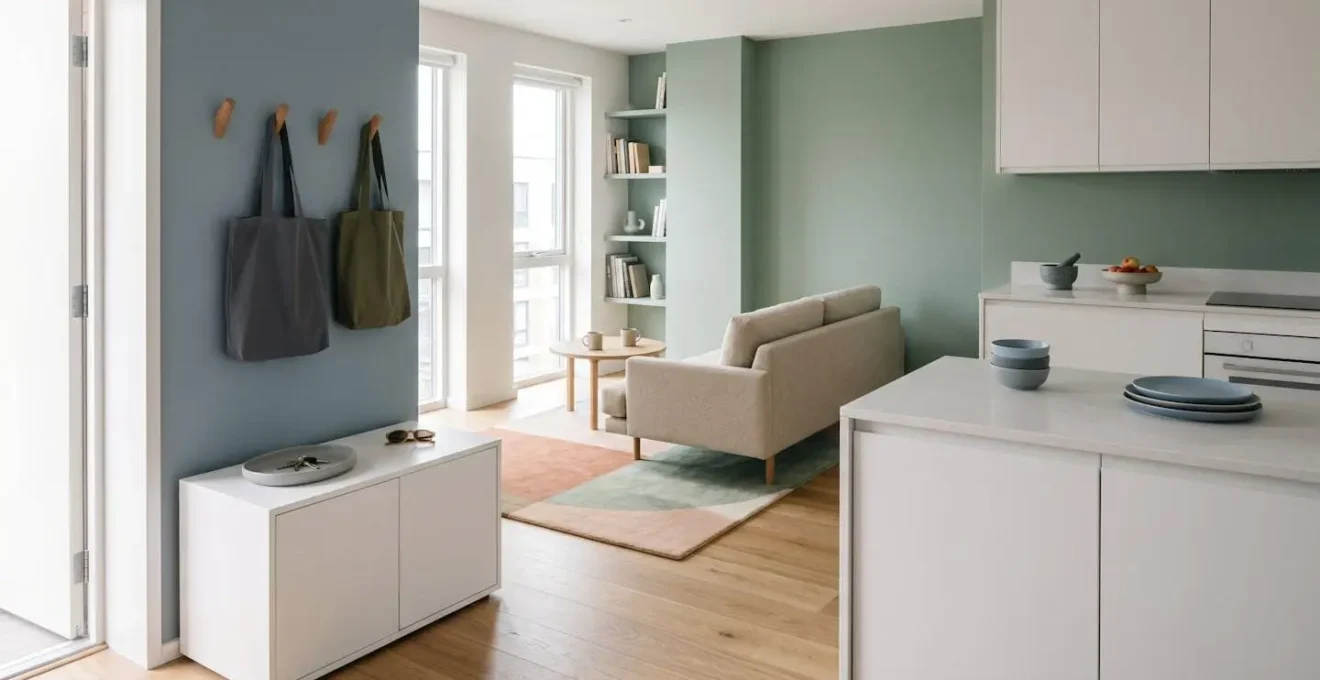 Wide view of an organized, clutter-free home interior with simplified visual environment supporting cognitive accessibility