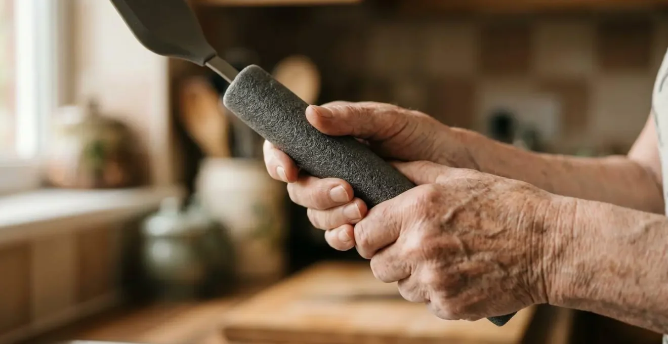 Close-up portrait of senior hands with visible joint swelling gently holding kitchen utensil with foam grip modification in natural window light