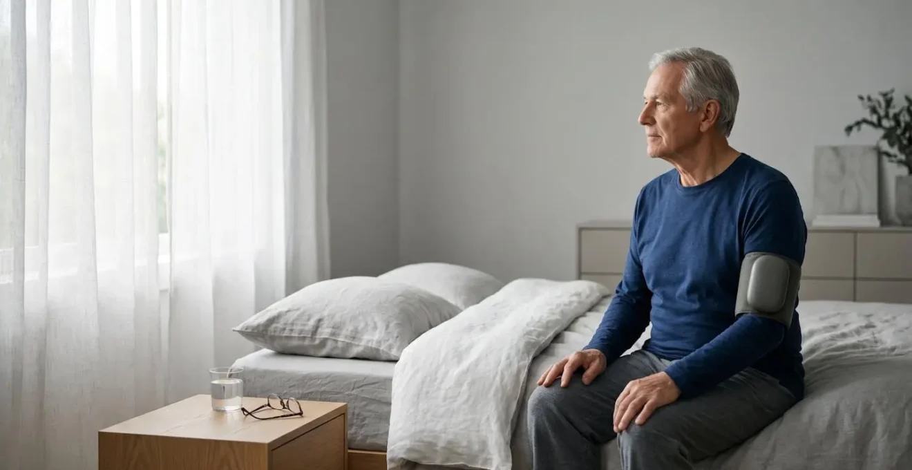 Senior person calmly taking morning blood pressure reading in peaceful bedroom environment showing consistent routine