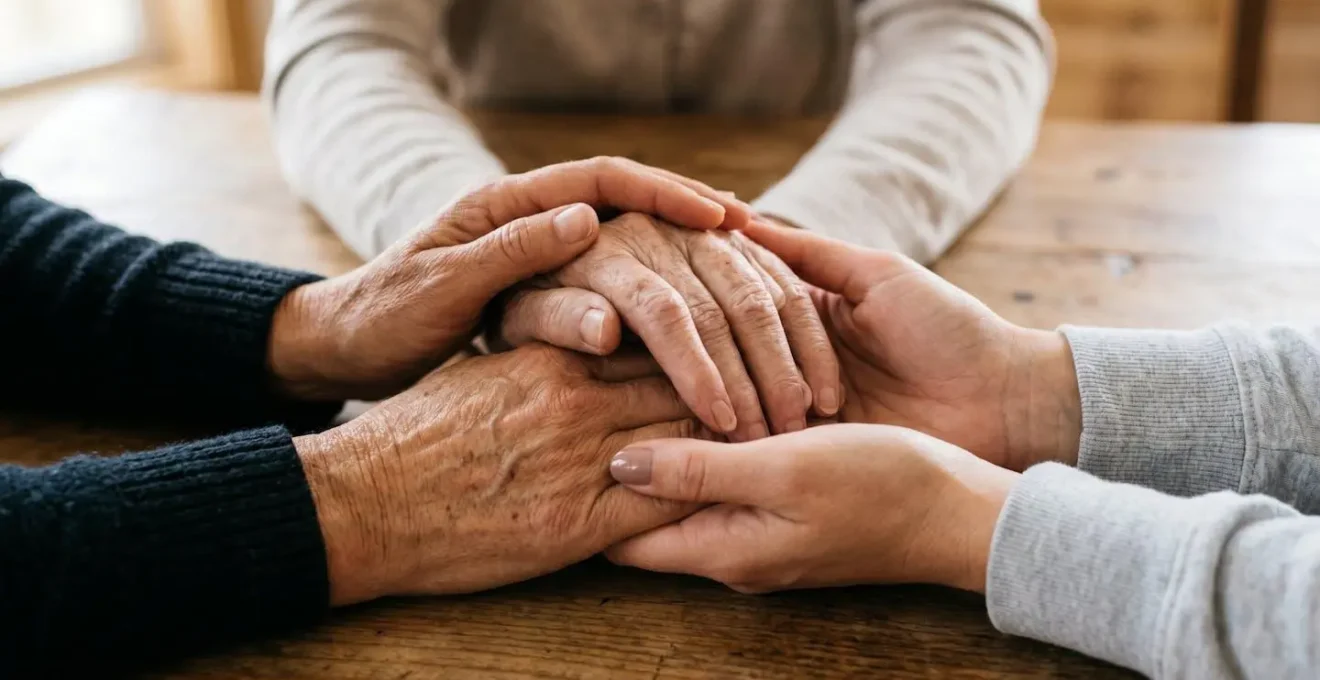 Symbolic composition of multiple generations' hands gently placed together in supportive gesture, representing family unity and care