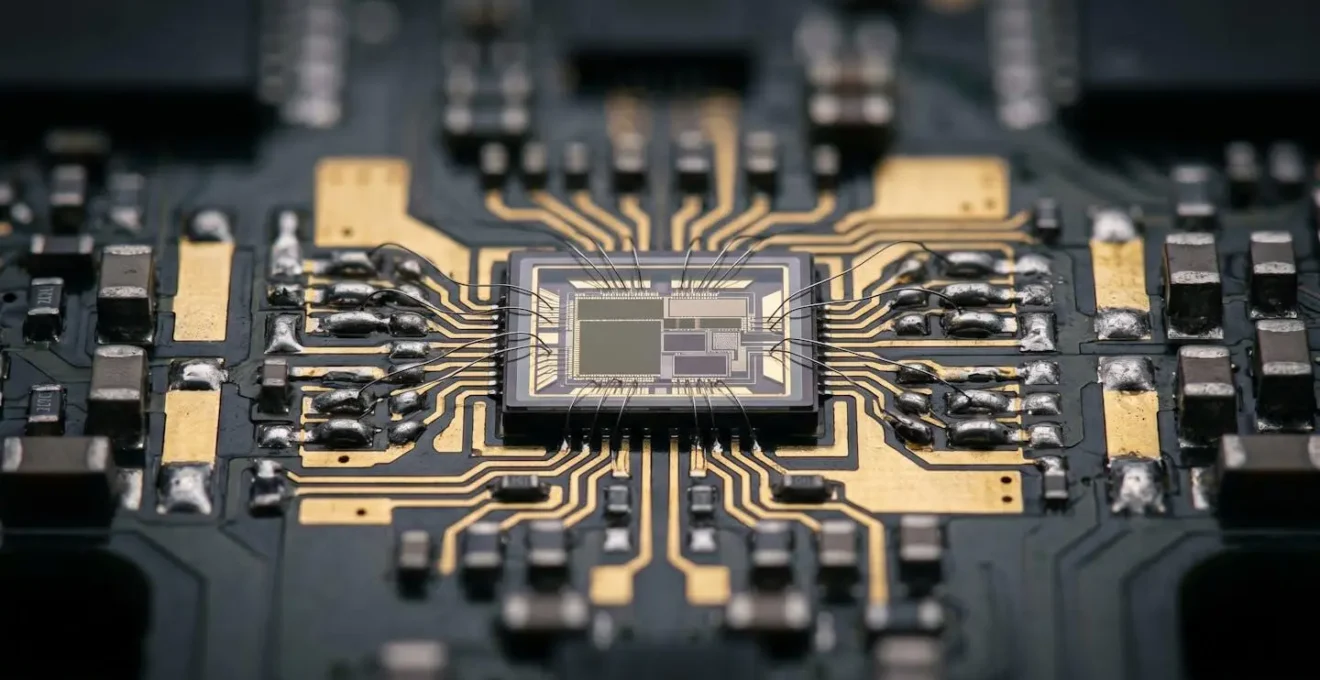 Macro detail of multi-sensor technology showing accelerometer gyroscope and barometer components in wearable device