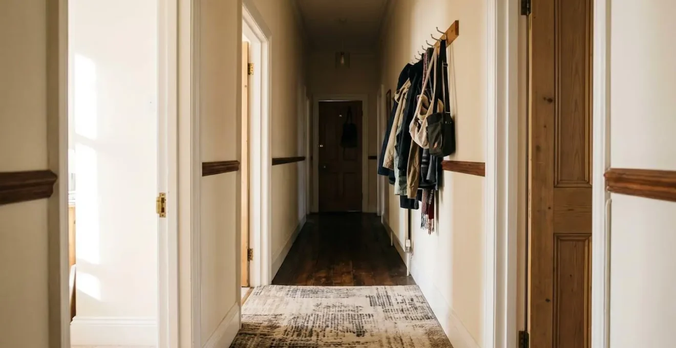 Wide angle view of a narrow traditional hallway showing multiple risk factors including poor lighting transitions and floor level changes