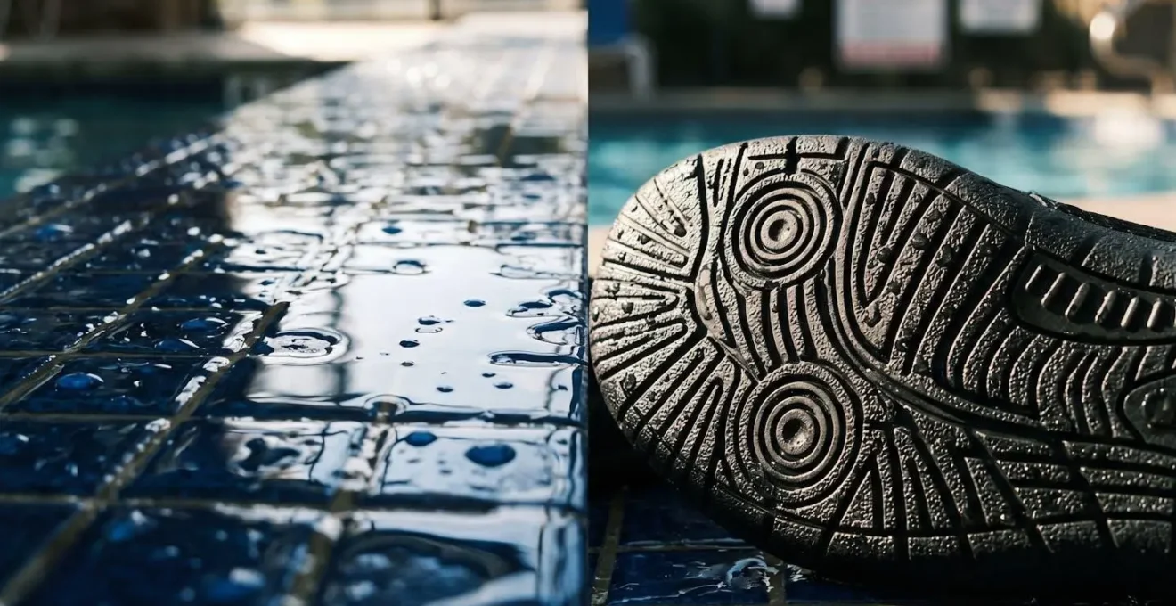 Textured non-slip pool shoes on wet poolside tiles showing water-resistant grip pattern
