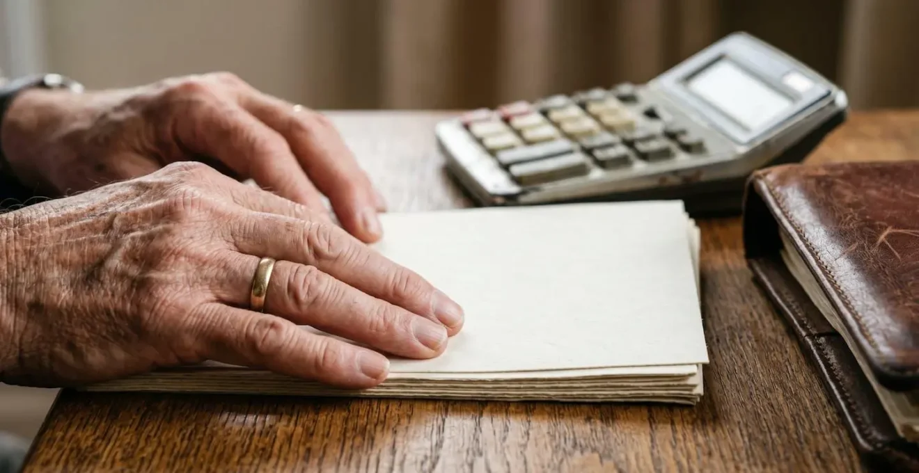 Close-up of hands organising financial documents with calculator on wooden desk