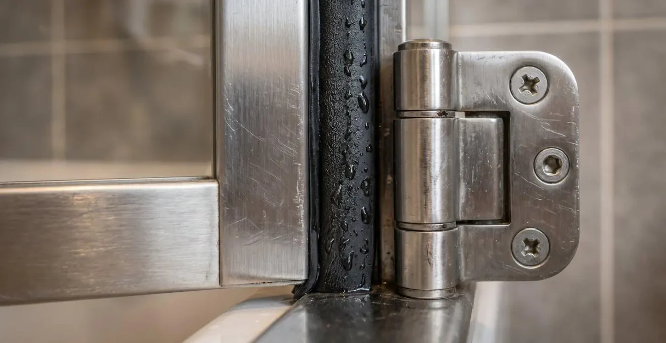 Close-up view of accessible bathroom door hinge mechanism showing outward opening configuration for emergency safety