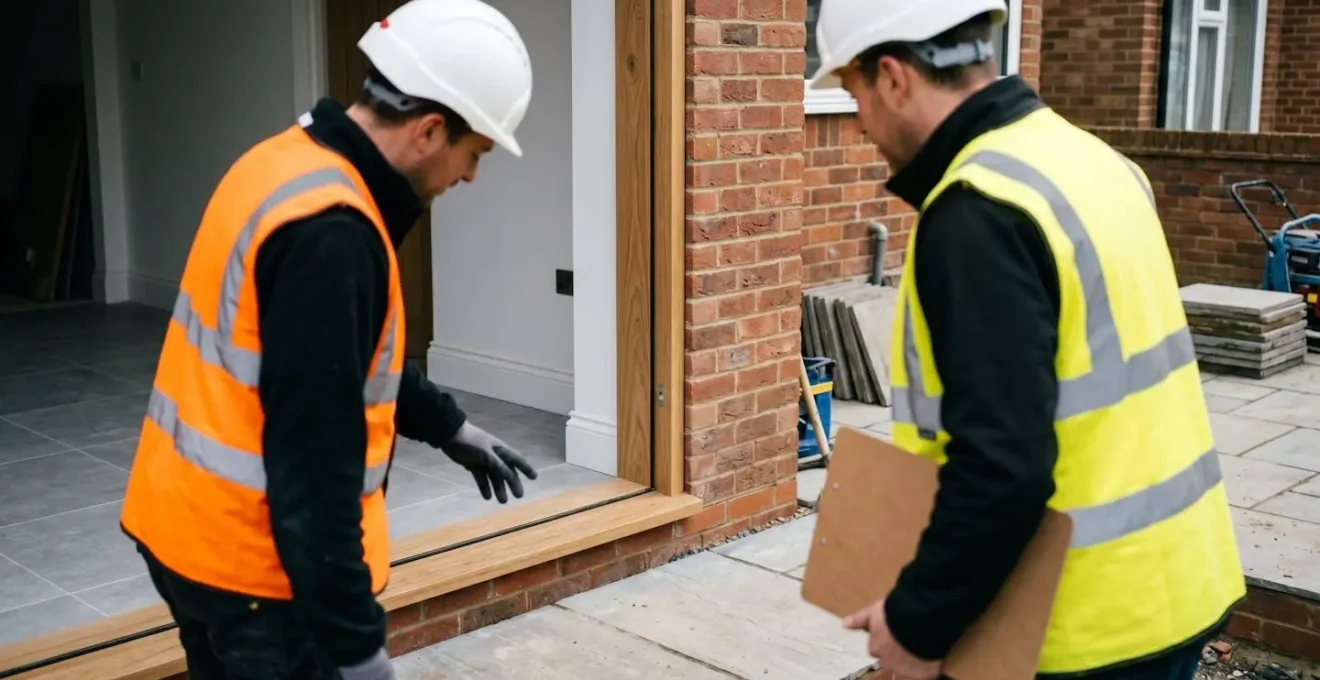 Building control inspection process at UK home extension showing accessible entrance detail