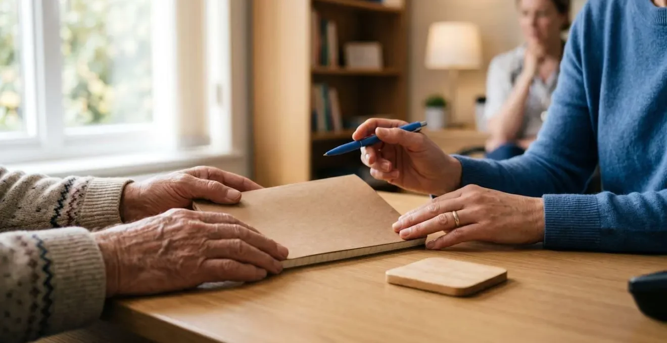 Close-up of senior patient and GP hands discussing medical documentation during consultation