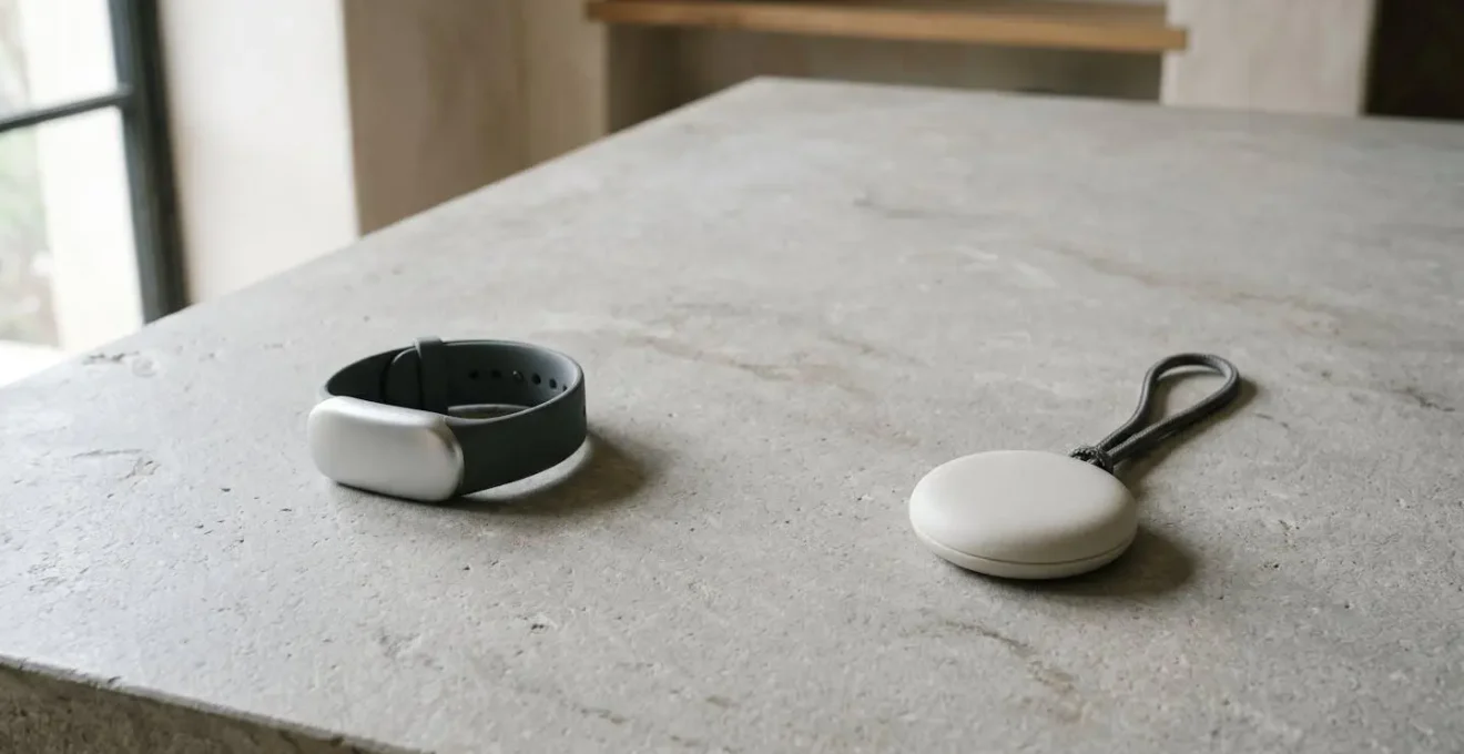 Environmental shot showing two fall detection devices placed on neutral surface demonstrating size and form factor differences