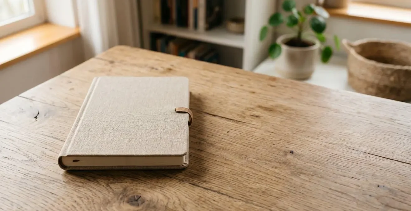 A minimalist shot of a care journal on a wooden surface, representing the importance of documenting care needs.