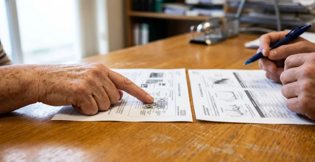 Close-up of hands reviewing wheelchair specification documents and quotes during an NHS assessment meeting