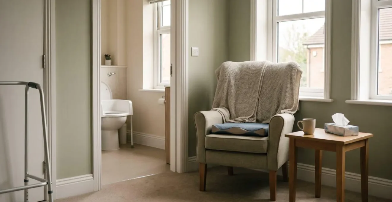 Wide environmental shot showing a safe, well-adapted home care setup for pressure ulcer prevention