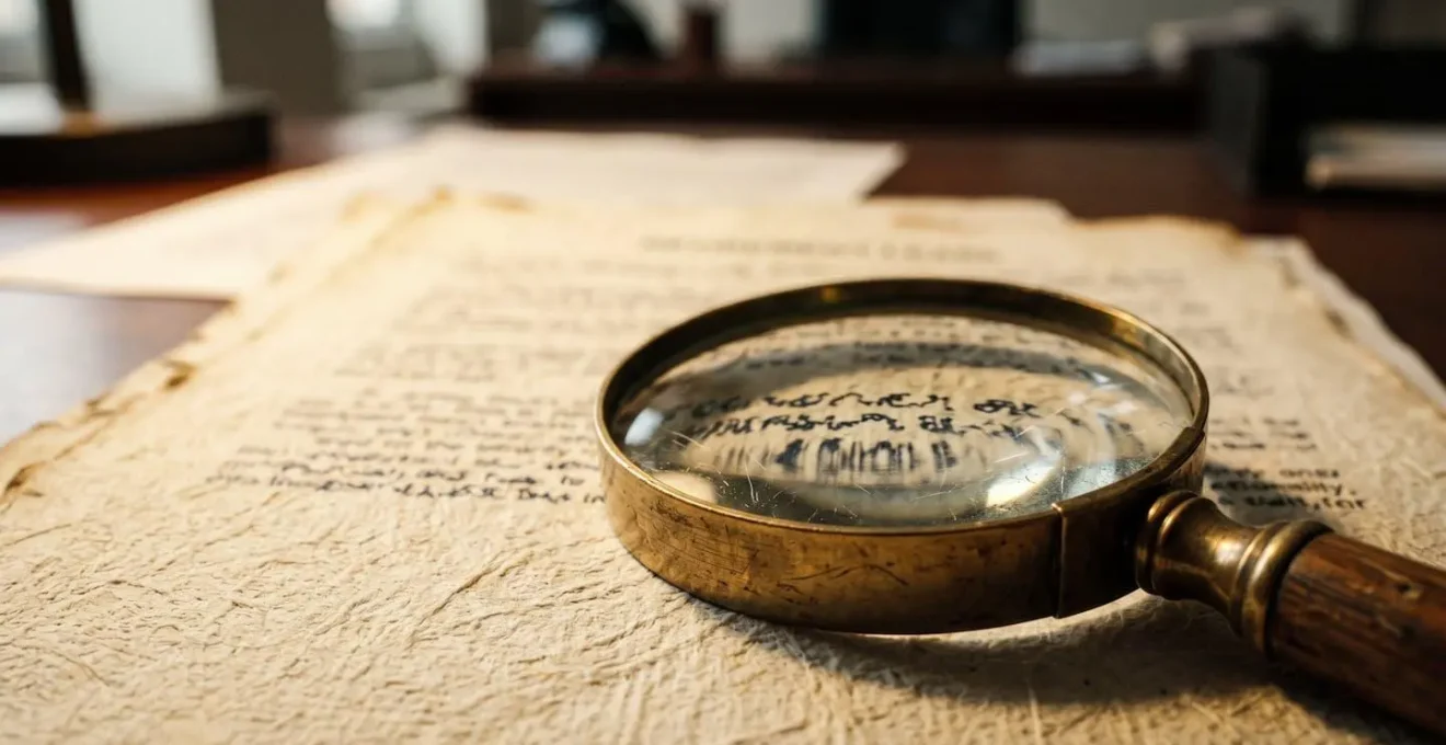 Macro close-up of retirement property lease documents with magnifying glass revealing fine print details