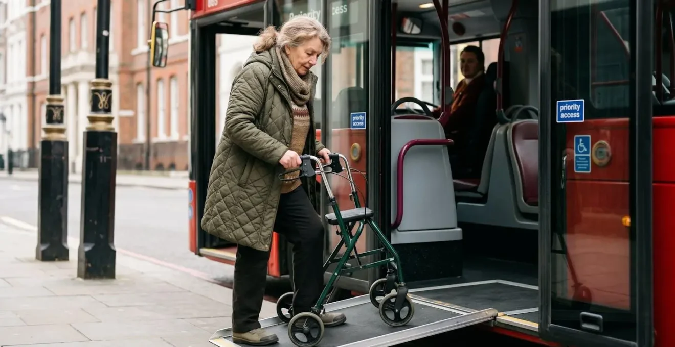 Senior with rollator boarding modern UK bus using accessibility ramp