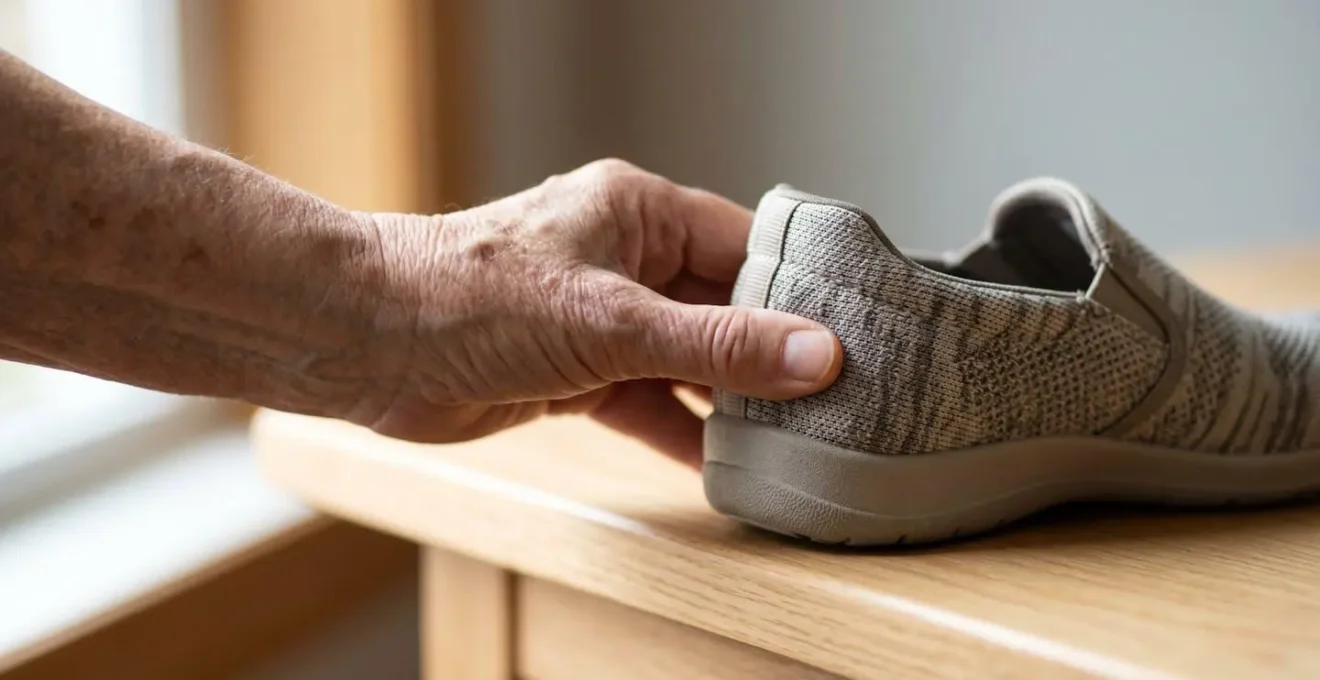 Close-up detail of a structured heel counter on a supportive indoor shoe showing firm construction and secure fit