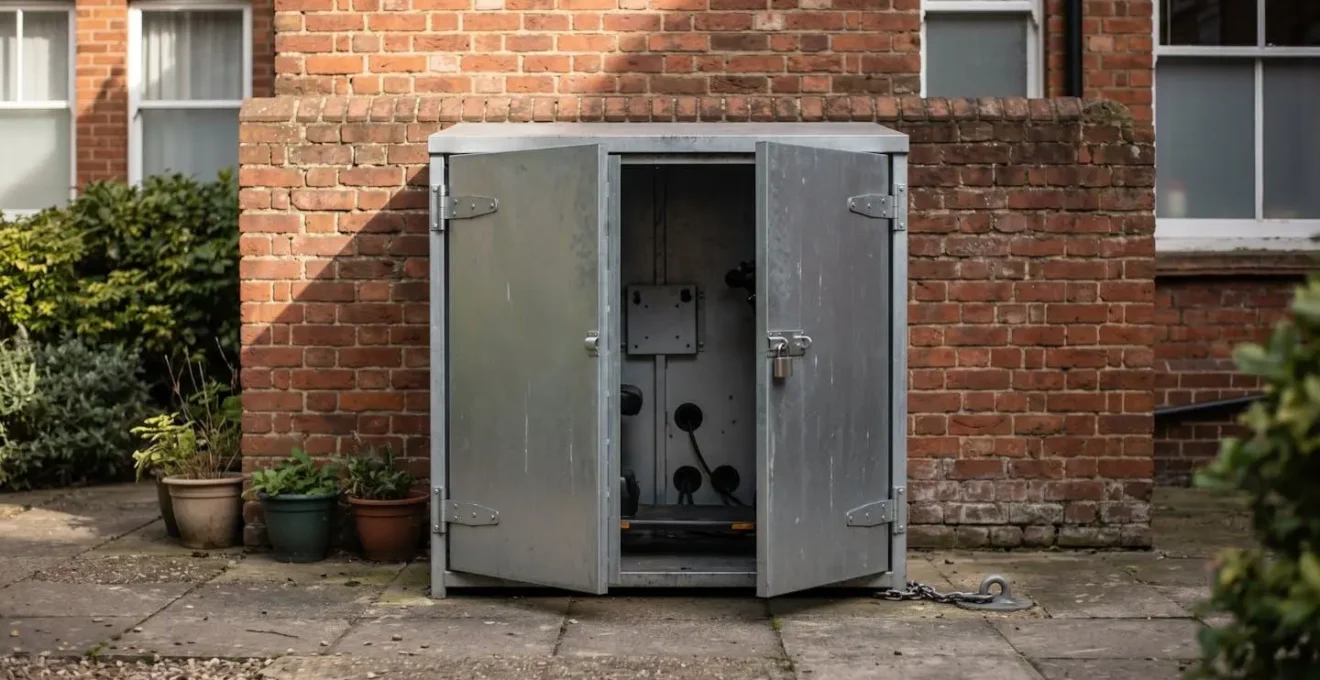 Fire-rated metal mobility scooter storage shed in UK apartment courtyard with charging access