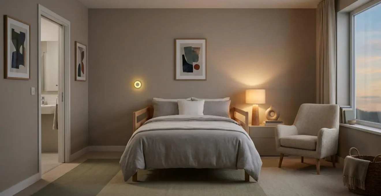 Peaceful senior bedroom environment at dusk with safety features subtly integrated into warm home setting