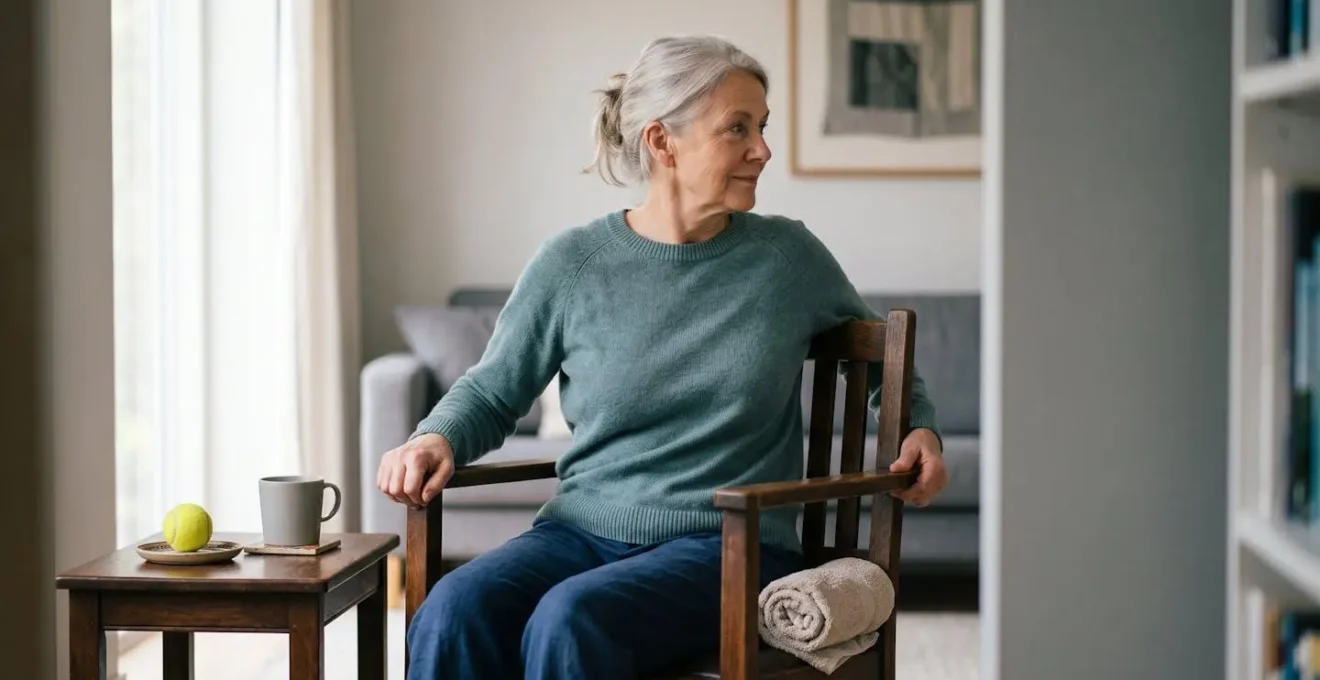 Senior demonstrating gentle seated twist exercise while comfortably positioned in chair with household props nearby
