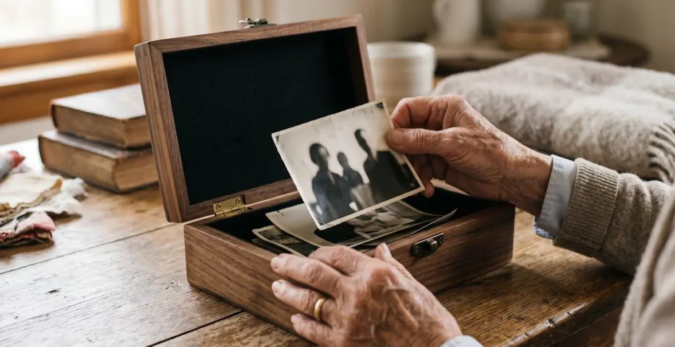 Elderly hands gently placing vintage photographs into a wooden memory box with soft window light
