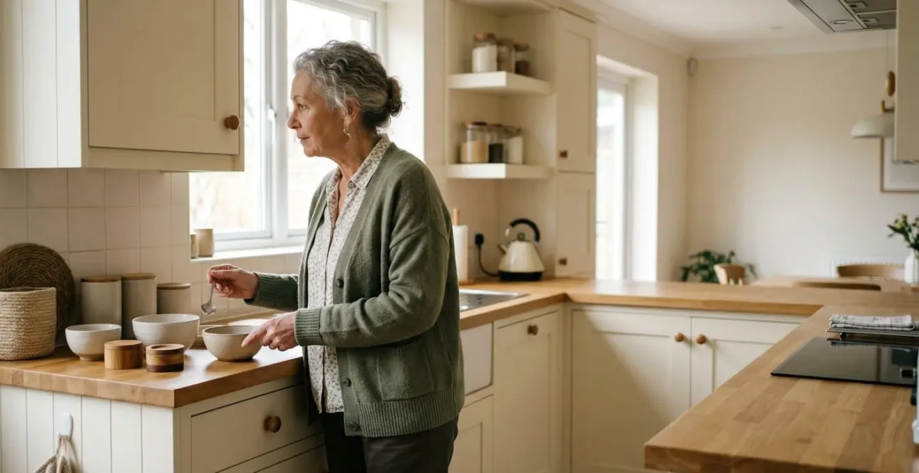 Wide shot of senior in familiar home environment performing routine daily task with natural lighting