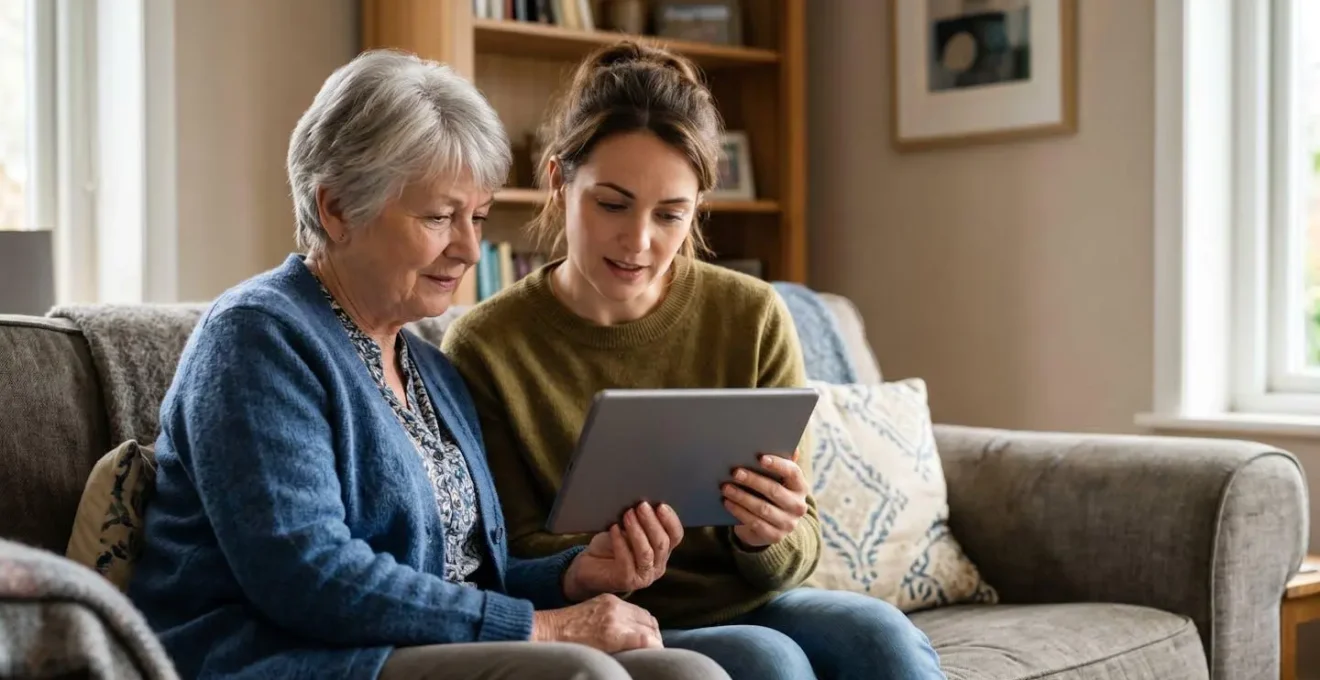 Senior and adult family member sitting together reviewing tablet for prescription management in comfortable home environment
