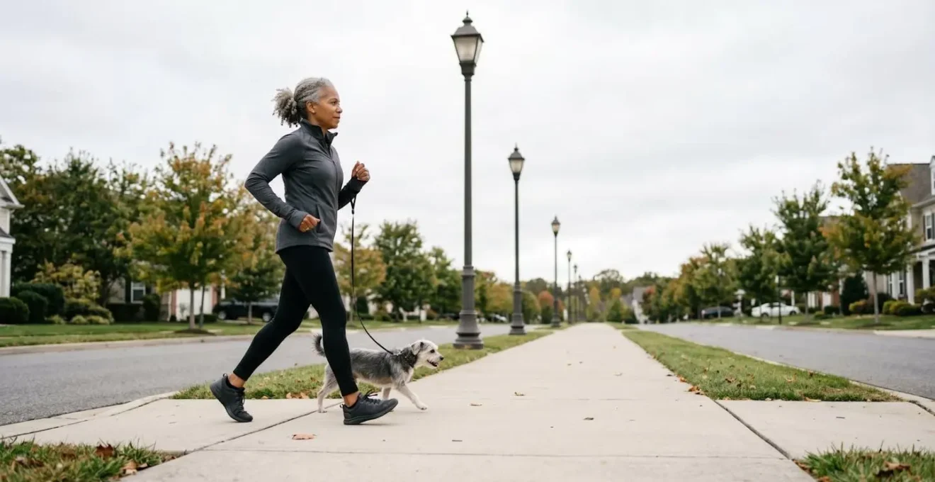 Senior walking between lampposts during an interval training session in a suburban neighbourhood