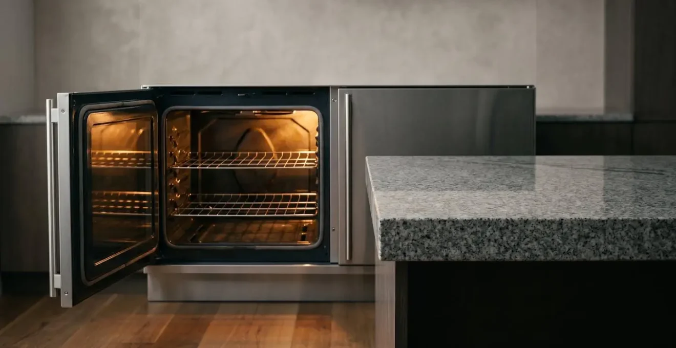 Side-hinged wall oven at accessible height with adjacent heat-proof countertop landing zone for safe dish transfer