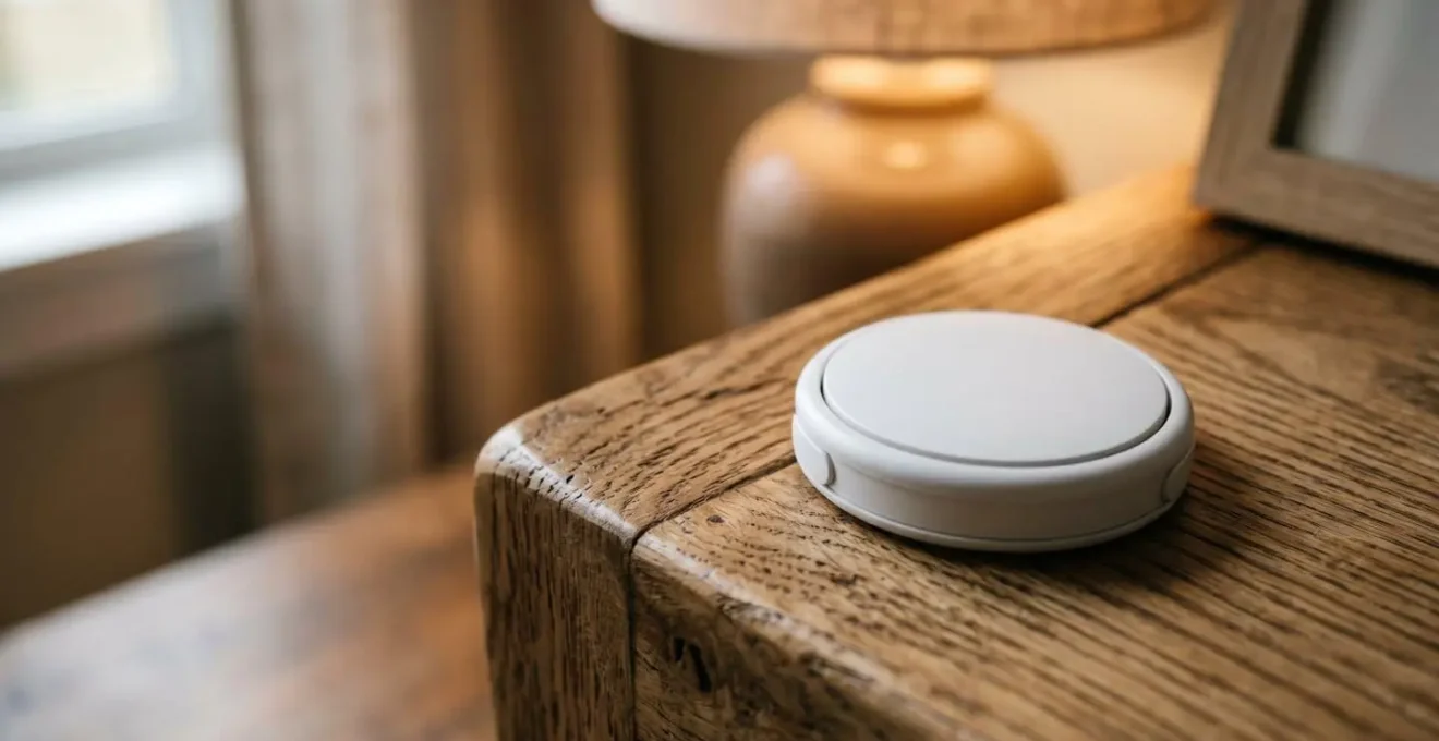 Macro close-up of a simple wireless smart button placed on a wooden bedside table next to a blurred lamp