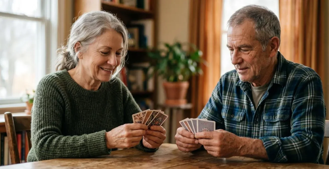 Older adults engaged in face-to-face social card game interaction showing emotional engagement