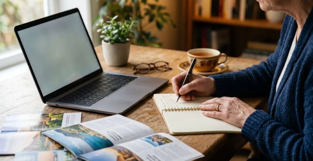 Senior solo traveler researching accessible group tour options on laptop with notes and planning materials