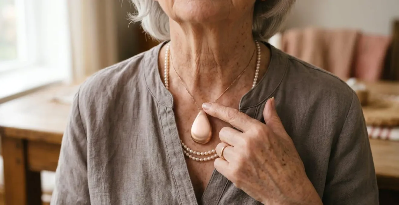 Close-up of elderly person wearing a modern, jewelry-style personal alarm pendant