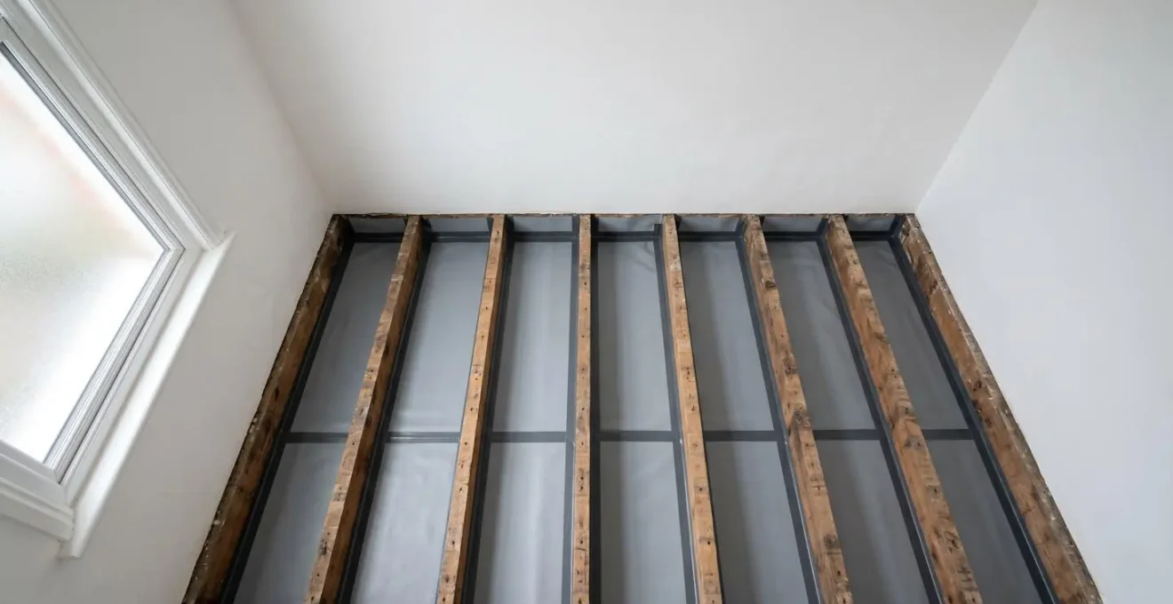 Wide environmental shot of upstairs bathroom showing timber floor structural preparation for wet room waterproofing installation