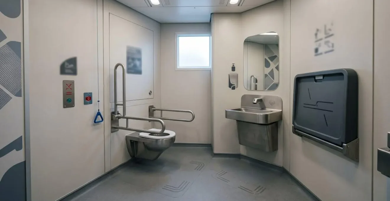Spacious accessible train toilet with wheelchair maneuvering space and equipment storage area for mobility aids