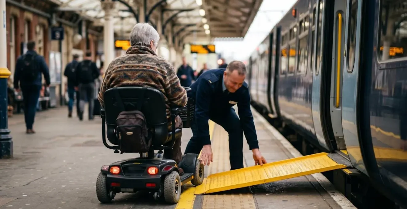 UK train staff deploying accessible boarding ramp at platform for mobility scooter user