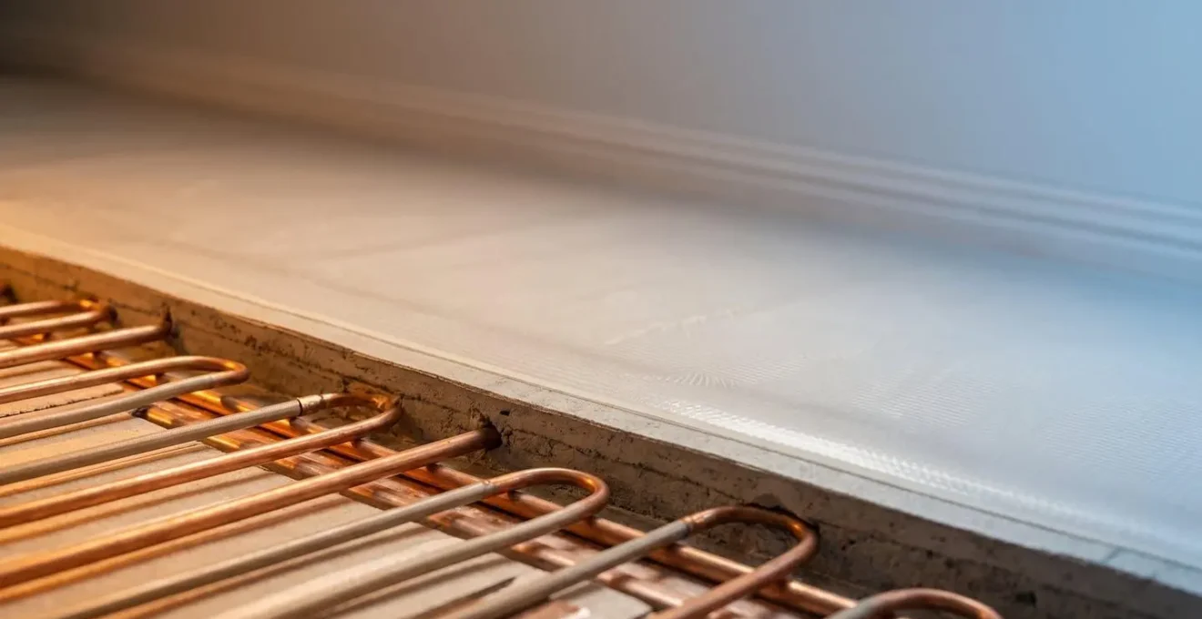 Close-up view of modern underfloor heating installation beneath safety flooring in residential bathroom