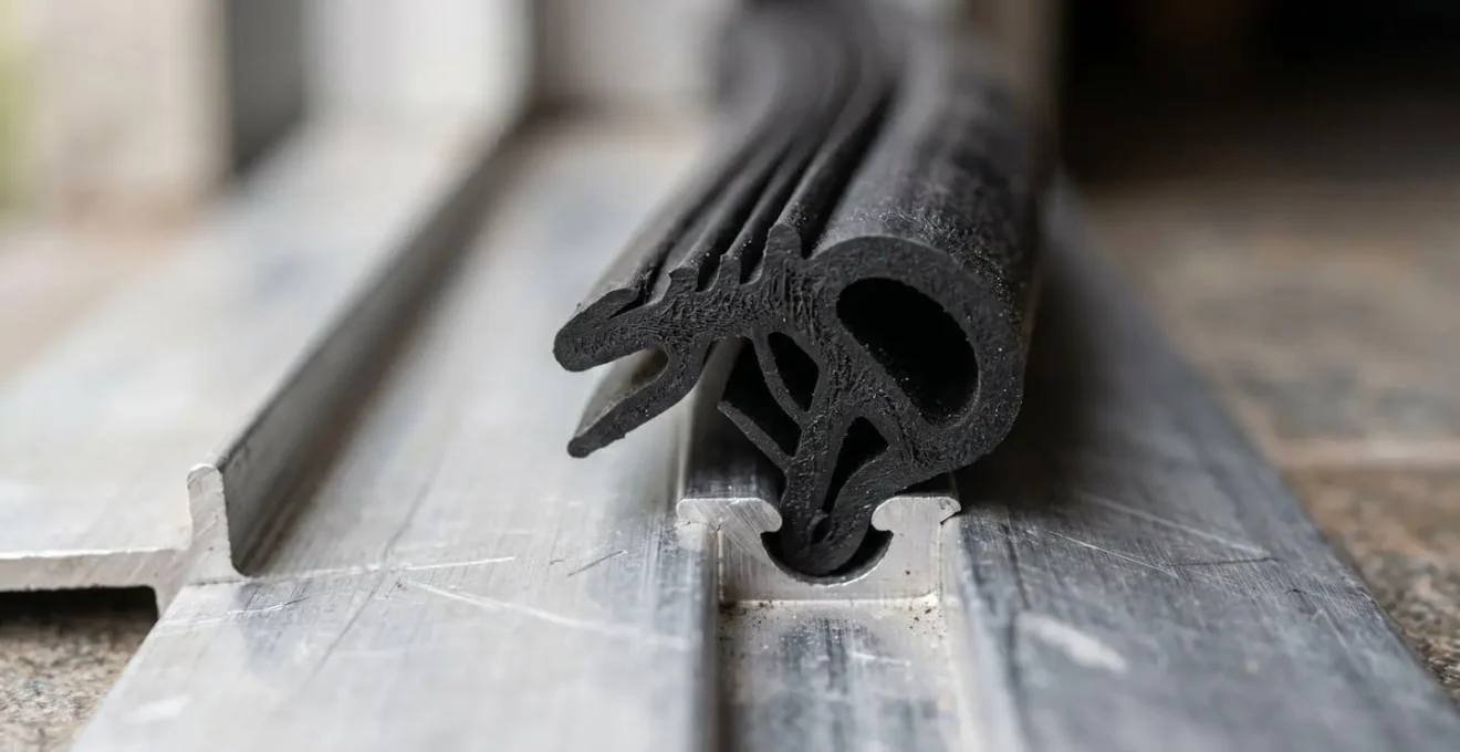 Extreme close-up showing the compressible rubber weather seal profile on a UPVC door threshold with visible texture detail