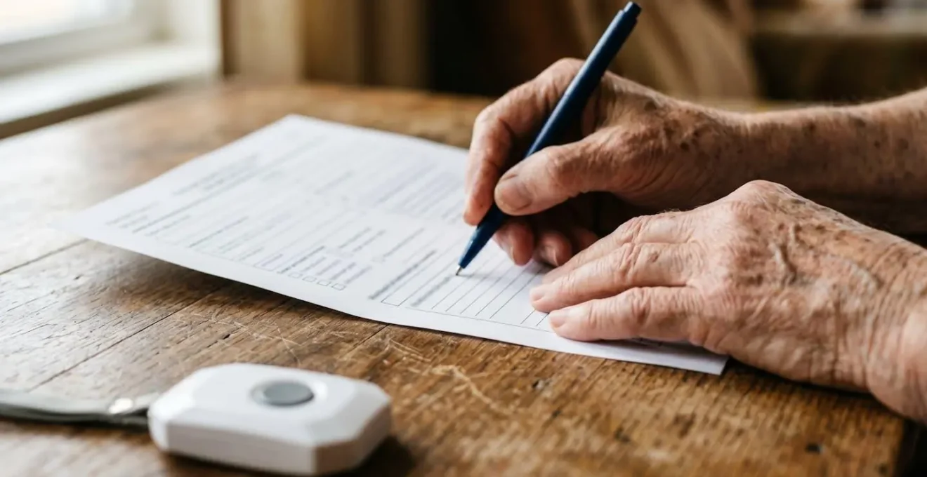 Close-up of hands completing a VAT exemption form for personal alarm purchase