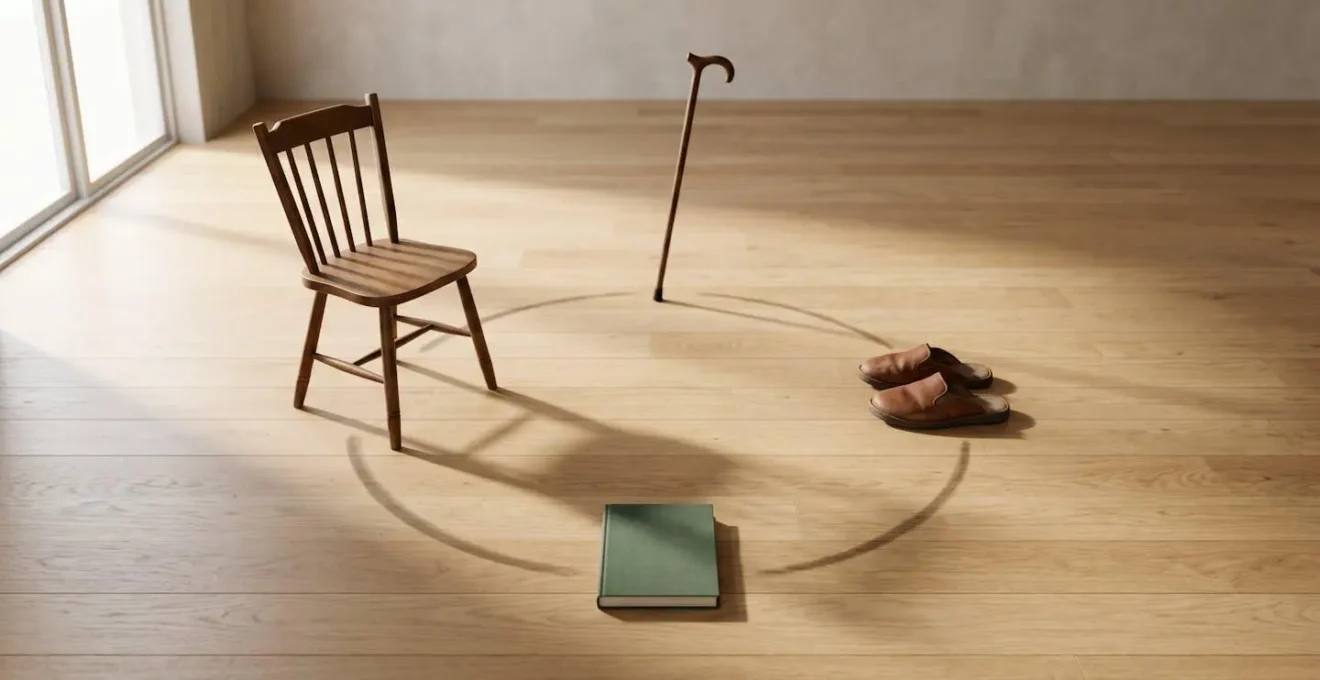 Conceptual image showing circular arrangement of symbolic objects representing the cycle from pain to movement fear to weakness to falls