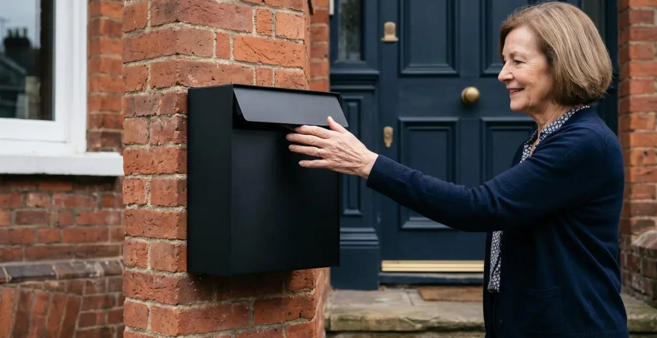 Modern wall-mounted external mailbox positioned at ergonomic height beside a Victorian entrance door