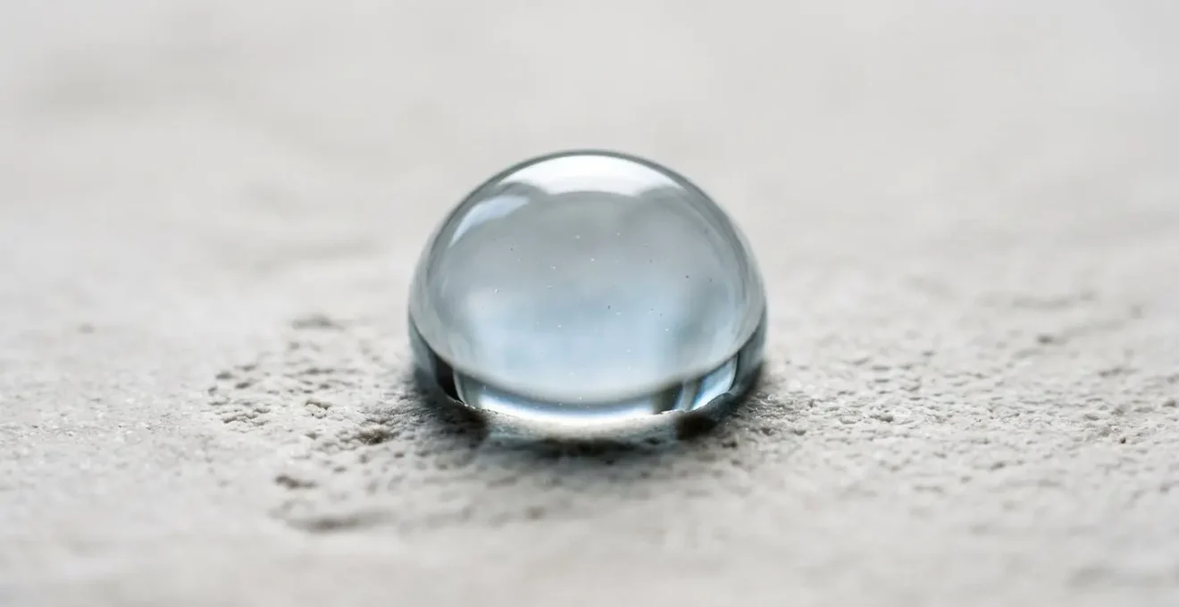 Macro photography showing water droplet behavior on porous ceramic tile surface for testing suction compatibility