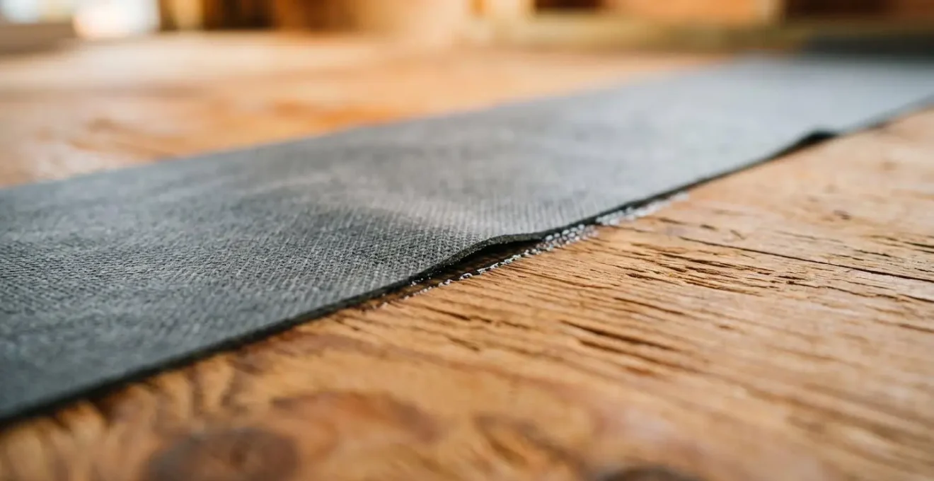 Detailed close-up of waterproof tanking membrane installation on timber floor substrate for wet room construction