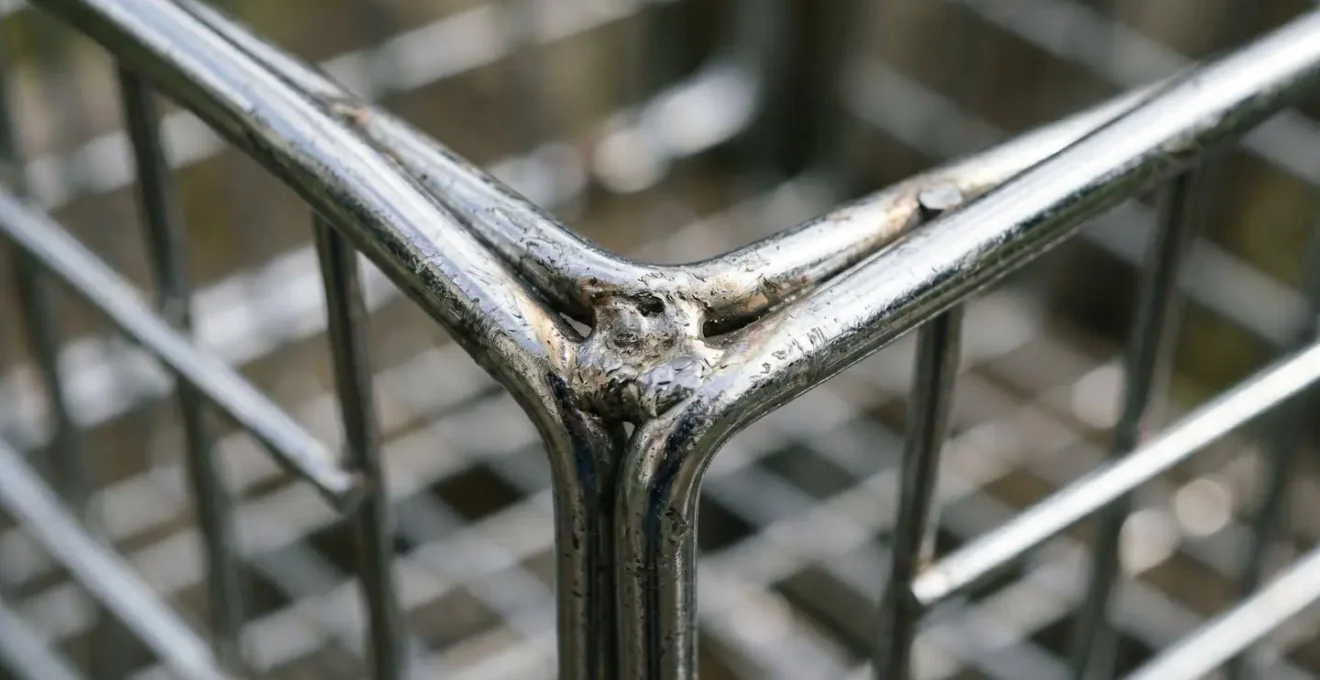 Extreme macro close-up of chrome-plated wire basket junction showing weld point and wire gauge detail with shallow depth of field