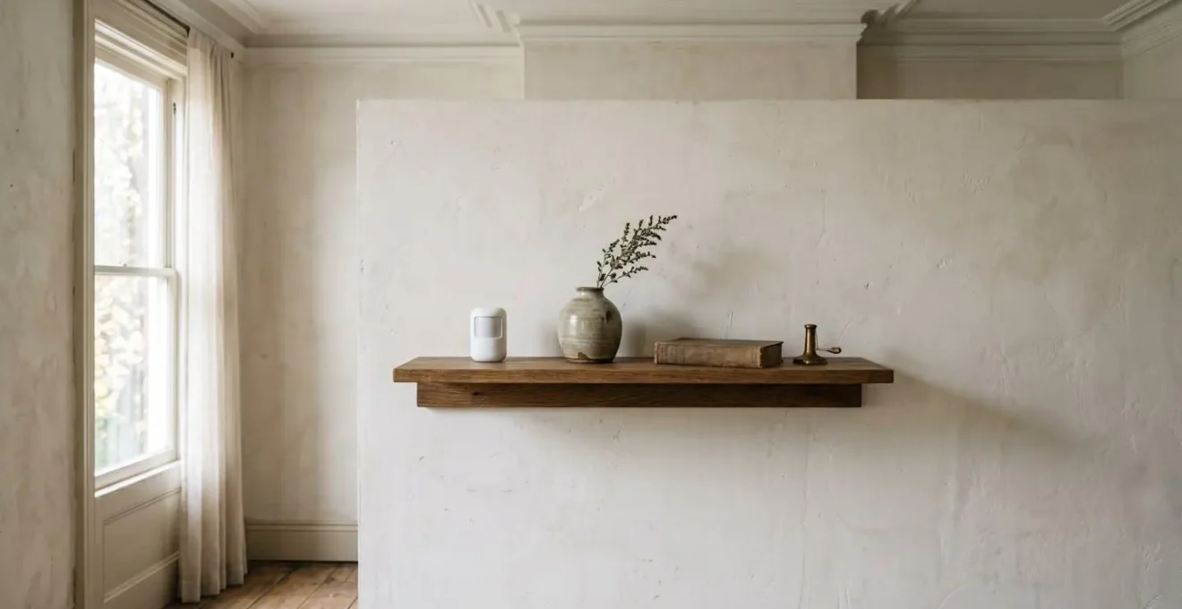Environmental wide shot of a small white motion sensor discreetly placed on a wooden shelf in a period home with natural light